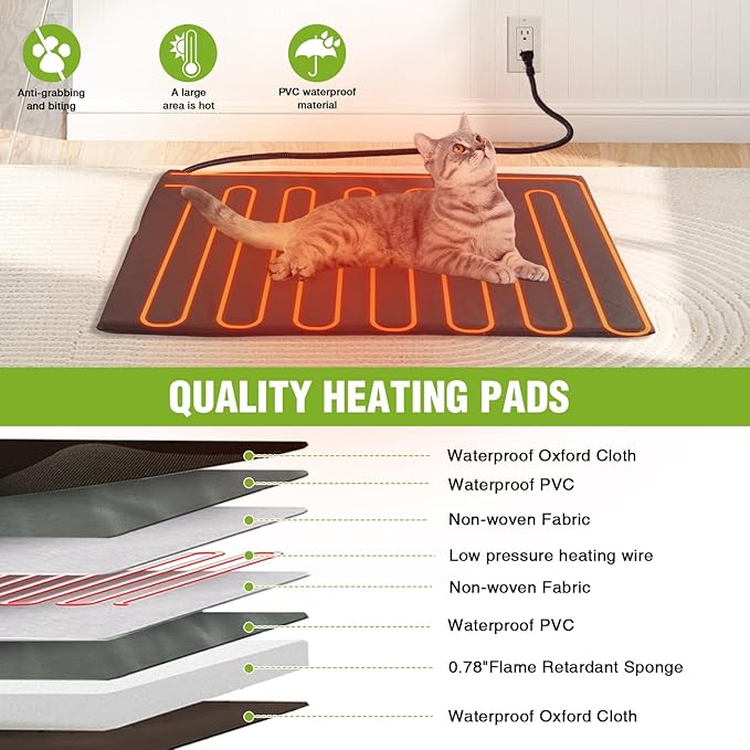 Heated Outdoor Cat House Insulated Weatherproof Kitten Shelter with Heating Pad and Insulated Liner, 2-Story Feral Cat House for Outside, Kitty Condo with 2 Escape Doors, Upgrade Anti-Bite Cable