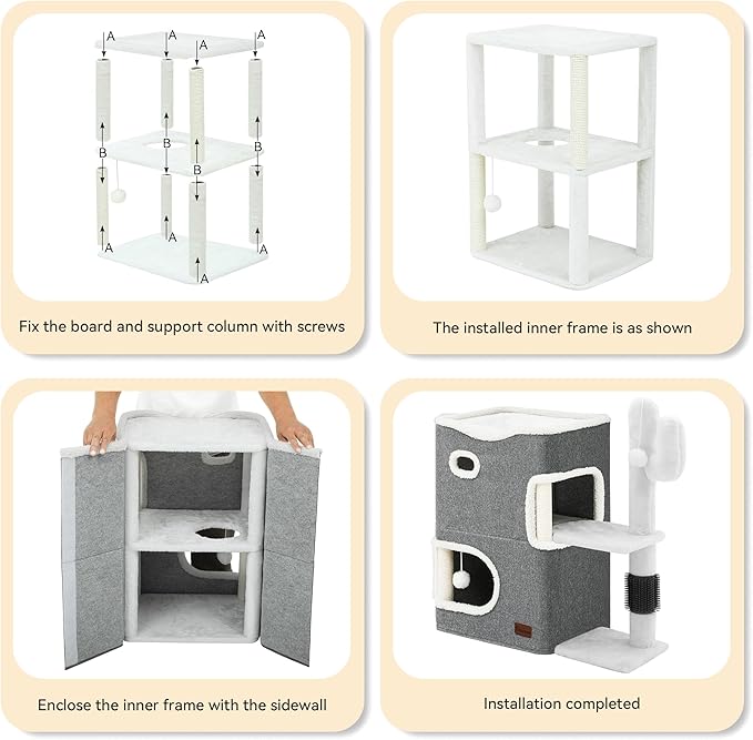 YITAHOME 2-Tier Cat House, Cat Beds for Indoor Cats, Small Cat Condo with Highway Cave, Scratch & Itching Post, Clmibing Stand, Modern Cat Cube Playhouse for Multi Kittens, Grey