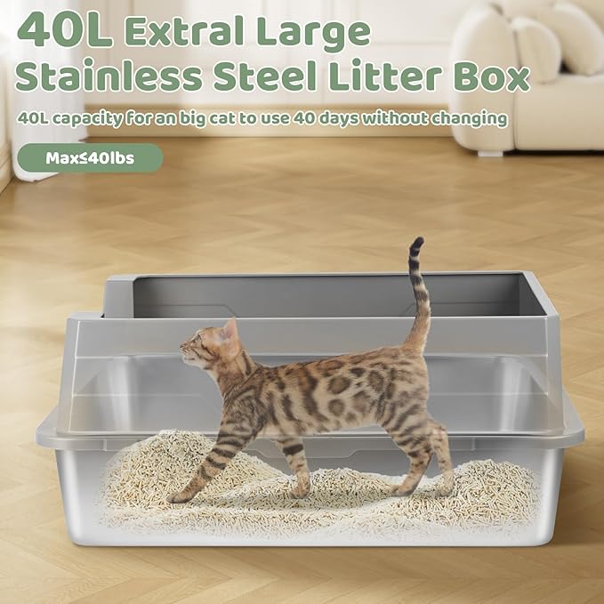 XXXL Stainless Steel Cat Litter Box with High Sides, 28"x20"x12" Extra Large Litter Box for Multiple-Big Cats, Metal Cat Litter Pan, Anti-Urine Leakage, Easy Clean (Grey)