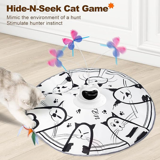 Cat Toys Interactive 2-in-1 Rechargeable Unpredicatable Moving Feather Cat Wand Hide and Seek, Spinning Butterfly, Kitten Toys for Indoor Cats Exercise