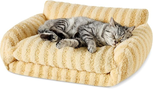 Hollypet Cat Bed Fluffy Plush Mutifuctional Double-Layer Soft Pet Couch Orthopedic Sofa Nest Beds for Small Cats and Dogs, Yellow (21x15x8 inch)