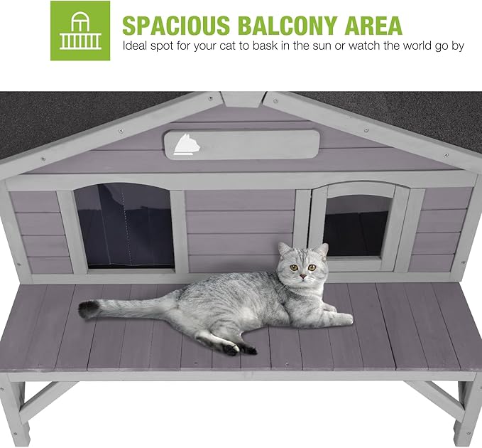 GUTINNEEN Outdoor Cat House for Winter Weatherproof Feral Cat Shelter with Large Porch Balcony Escape Doors