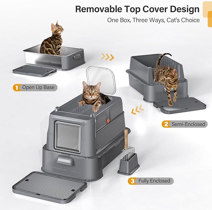 Enclosed Stainless Steel Cat Litter Box with Lid,XL Large Metal Cat Box with Drawer for Big Cats,Top Exit Kitty Litter Box Includes Scoop, Filter Pedal,Odor Control, Easy Cleaning