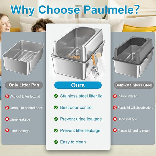 XXL All Stainless Steel Sifting Litter Box with Lid,Sifting Cat Litter Box for Wood Pine Pellets,High Sides Sifter Litter Pan System,Odor Control,Easy to Clean,with Liners and Scoop