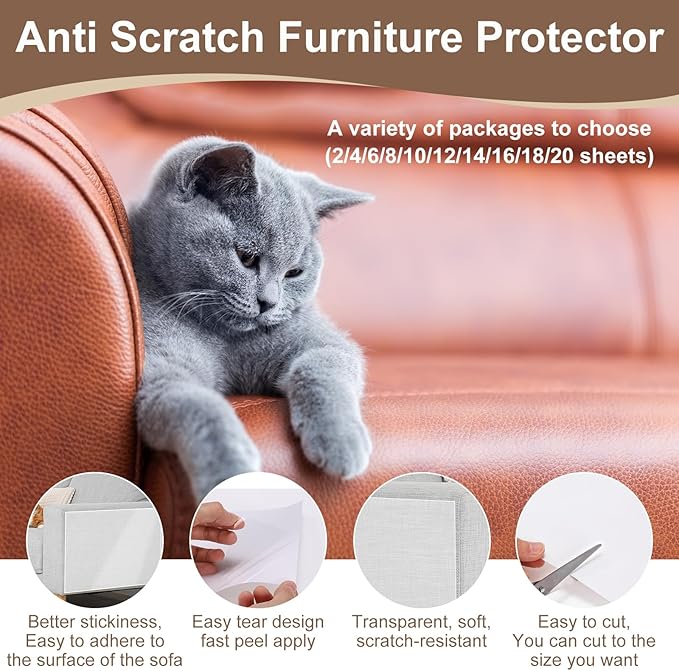 uxcell Anti Scratch Furniture Protector, 4 Sheets 17" x 12" Single-Sided Sticky Couch Protector from Cat Claws, Clear Protectors from Cats Scratching for Sofa Corners, Walls, Doors