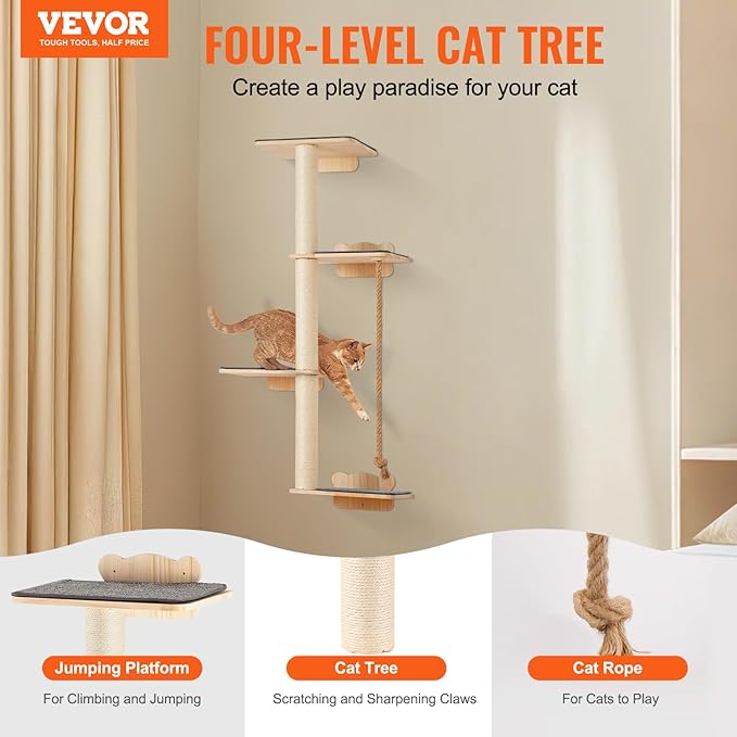 VEVOR 4 Tiers Tall Cat Wall Furniture Set with 4 Jumping Boards, Wall-Mounted Cat Floating Shelf up to 40 lbs, 12 mm Pine Wood Perch for Sleeping, Playing, and Climbing