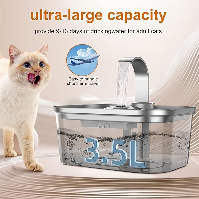 Bobo&Dragon Automatic Stainless Steel Cat Water Fountain Indoor with Quiet Pump & Built-in Filter - 124oz/3.5L Cat & Dog Water Dispenser, Easy Clean Waterfall Design Metal Dish Bowl