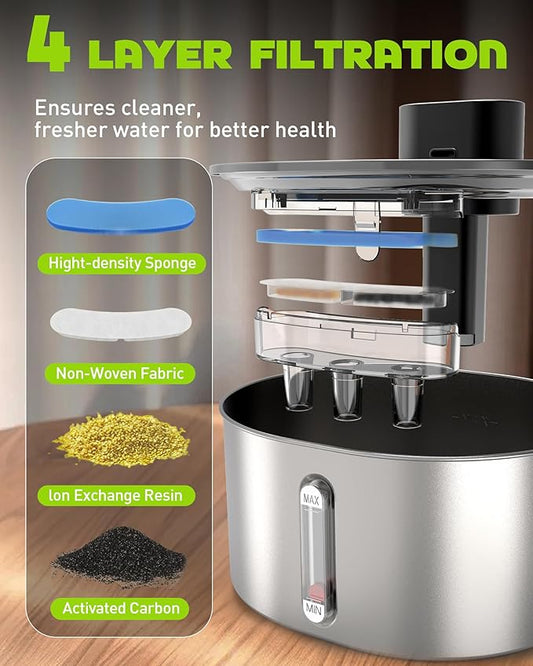 No Pump Cat Water Fountain Stainless Steel, 6 Pack Filter