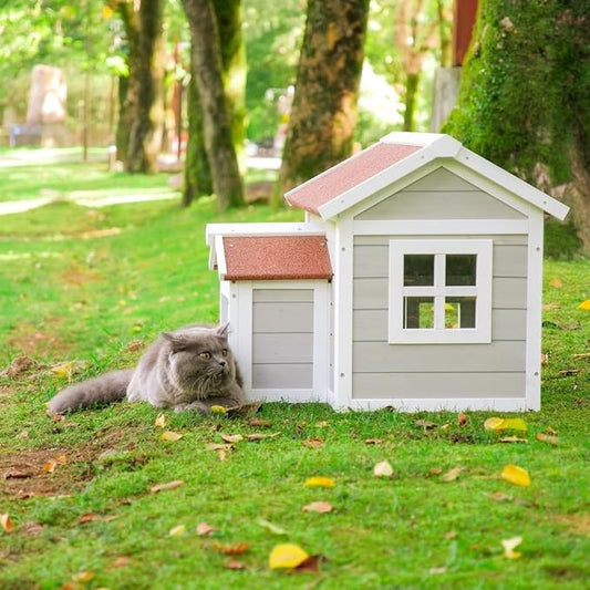 Feral Cat House for Outdoor Cat Enclosure Winter Double Rooms Weatherproof with Openable Roof