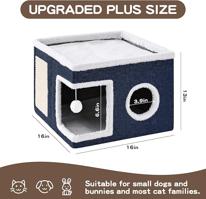 Cat Beds for Indoor Cats Houses, Large Cat Cave with Fluffy Ball and Scratch Pad, Foldable Cat House with Hideaway Tent for Kitten,Grey (SingleAB, Large)