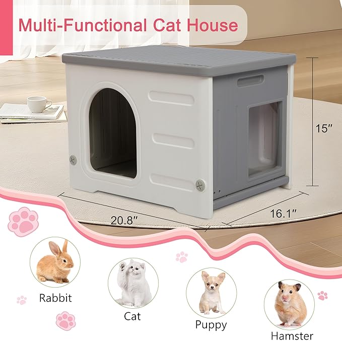 Plastic Cat House for Outdoor Indoor, Waterproof Outdoor Cat House with Escape Door for Feral Cats Outside Cat Shelter for Small Pet, Spacious, Assemble Easily -Grey