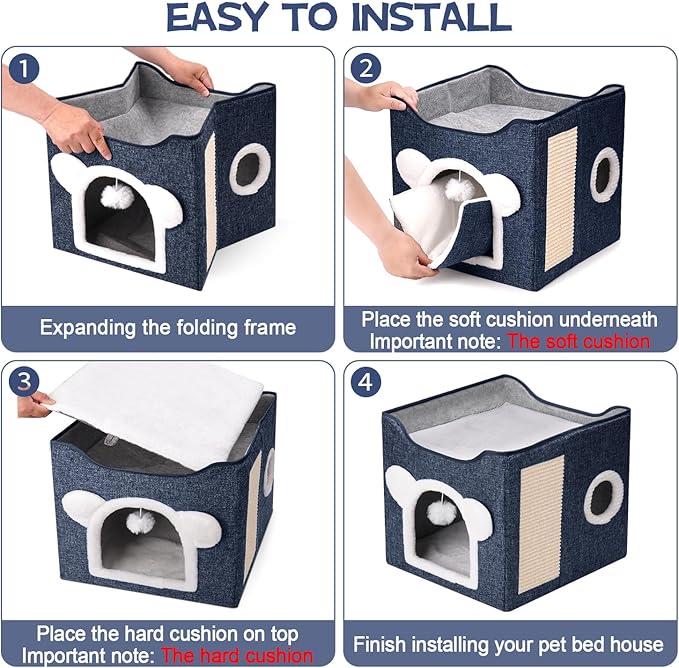 Cat Beds for Indoor Cats, Large Cat House Foldable Cat Cave with Scratch Pad and Hanging Fluffy Ball, Reversible Cushion Hideaway for Pet Cats, 16.5x16.5x13.2 inches, Dark Blue