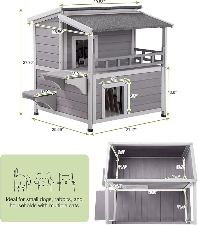 GUTINNEEN Outdoor Cat House Weatherproof, Feral Kitty House Cats Enclosure with Balcony, Wooden Kitty Shelter Waterproof