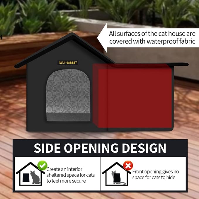 Rest-Eazzzy Cat House for Outdoor Cats, Weatherproof and Insulated Feral Cat House with Mat and Clip, Easy to Put Together, Selfwarming Cat Shelter for Winter (Black, Waterproof House-L)