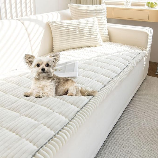 Faux Fur Plush Dog Couch Cover 3D Stripe Fuzzy Sofa Cover Non-Slip Fluffy Dog Bed Cover Pet Blanket Sofa Couch Furniture Protector for Puppy Large Dog Cat (Cream,35"x35")