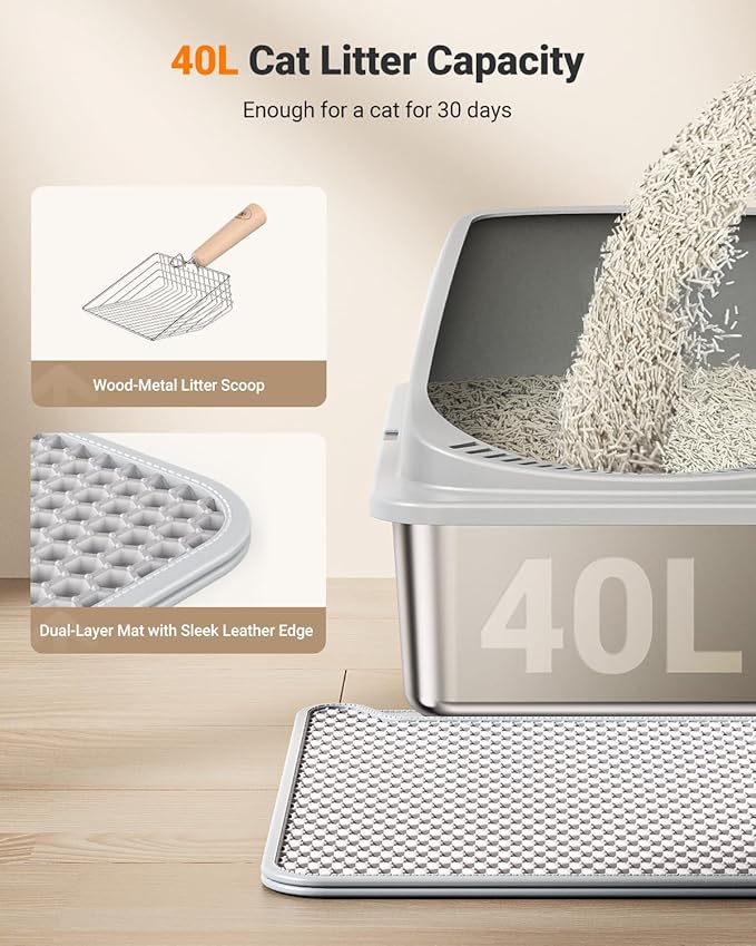 Stainless Steel Cat Litter Box with Scoop, Metal Litter Box High Sided, Cat Litter Box Enclosure, XL Extra Large High-Sided Litter Boxs (Anti-Urine Leakage, Include Scoop) (Grey)