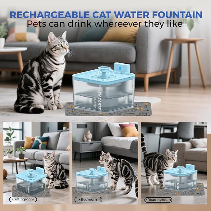 PAPIFEED Wireless Cat Water Fountain, 106oz/3L Battery Operated Pet Water Fountain Cordless for Cats Indoor, Automatic Cat Drinking Dispenser with Motion Sensor, Leak-Proof Silicone Pad Included Cyan