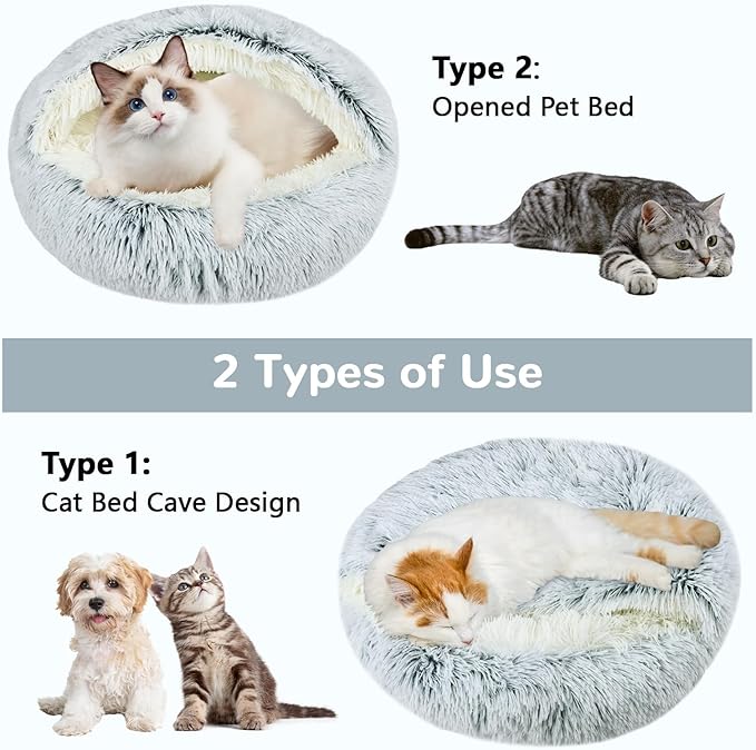 Round Plush Hooded Cat Bed, Fluffy Cozy Anti-Anxiety Dog Cave Beds for Puppy and Kitten, Gifts for Pet Lovers(20×20 inch, Grey)