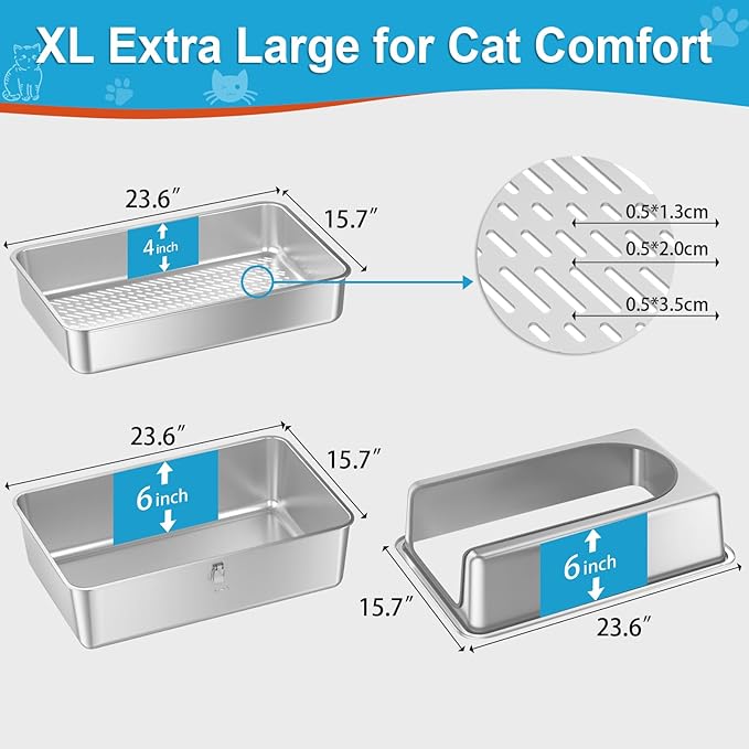 XL All Stainless Steel Sifting Litter Box with Lid,Sifting Cat Litter Box for Wood Pine Pellets,High Sides Sifter Litter Pan System,Odor Control,Easy to Clean,with Liners and Scoop