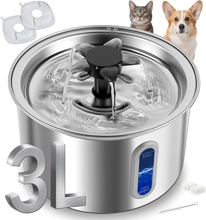 3L/101oz Stainless Steel Cat Water Fountain for Indoor Use - Ultra Quiet Automatic, BPA-Free LED Window for Cats/Small Dogs (Silver+2 Filters+2 Sponges, Large)