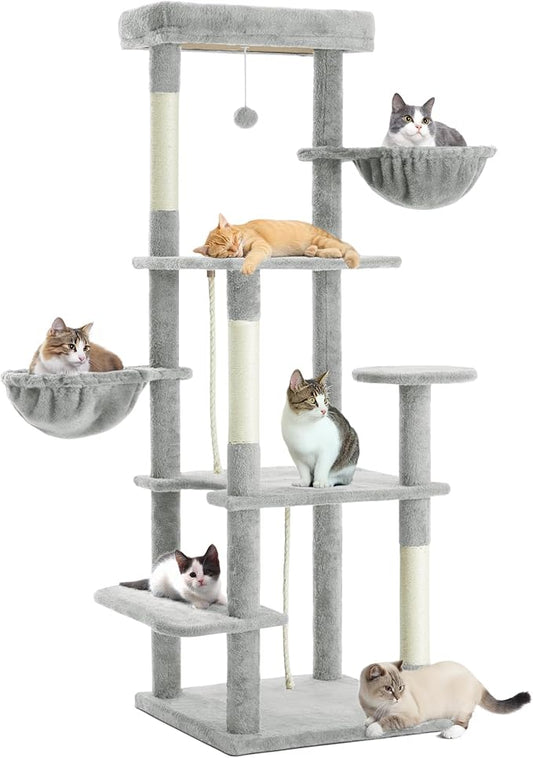 59 Inch Cat Tree Tower, Multi-Level Large Cat Tree for Indoor with Super Large Bed, Hammocks, Scratching Posts, Dangling Ball, Cat Furniture, Activity Center