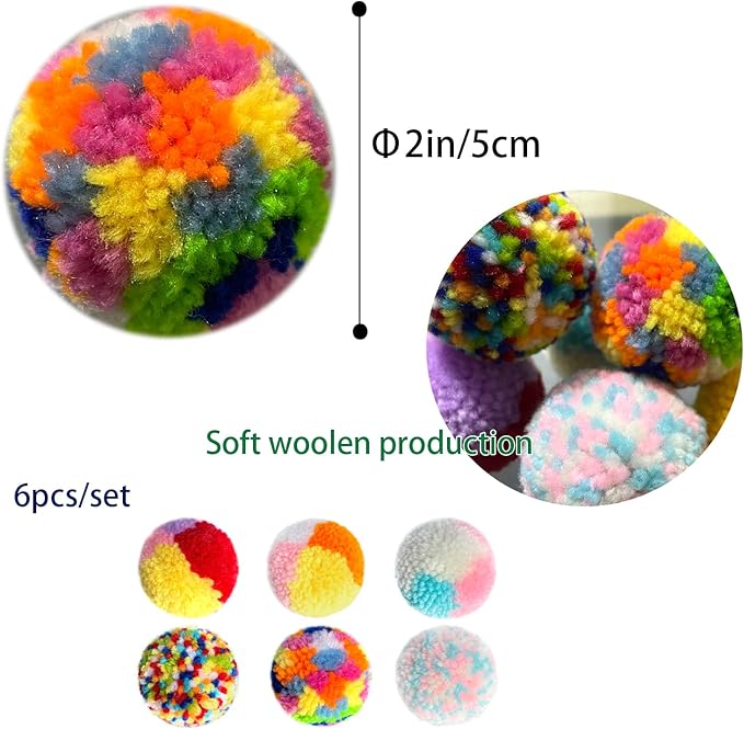 Assorted Color cat Toys for Indoor Cats, Woolen Yarn Puffs Pom Balls Interactive Kitten Chasing Toys Cat Chase Balls (6PCS)