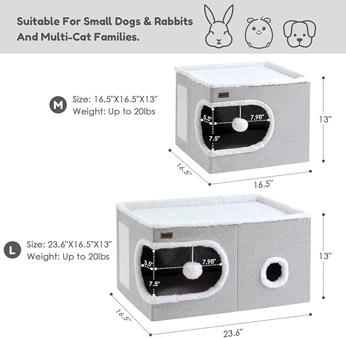 Cat Bed for Indoor Cats Cube House, Covered Cat Cave Beds & Furniture with Scratch Pad and Hideaway Tent, Cute Modern Cat Condo for Multi Small Pet Large Kitten Kitty, Large, Dark Grey