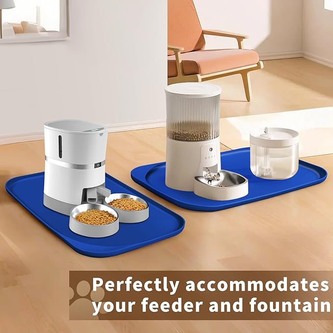 Silicone Pet Feeding Mat with Raised Edge & Residue Collection Pocket for Food and Water, Dog Bowl Mats, Cat Bowls Placemat with High Lip for Floor Waterproof, 24 x 16 x 0.8 Navy Blue