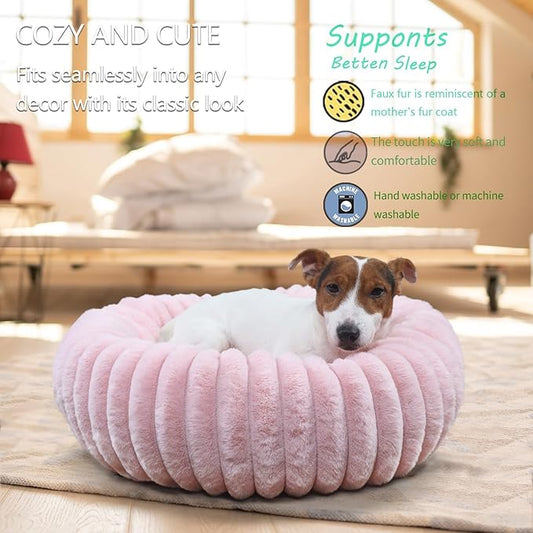 Donut Small Dog Bed Washable Cute Puppy Beds with Corduroy Fleece & Anti Slip Bottom, Round Faux Fur Pet Snuggle Beds for Large Cat, Pink, Small Breed 23x23x6 inches
