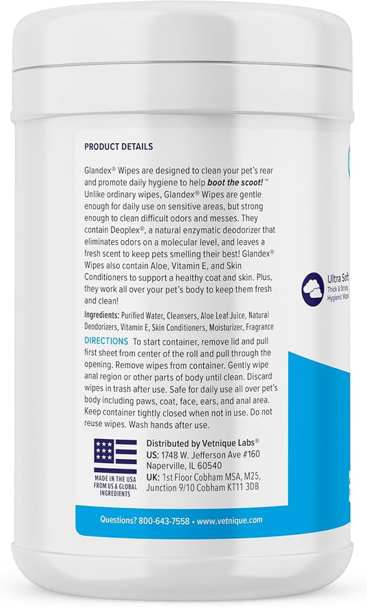 Vetnique Labs Glandex Dog Wipes for Pets Cleansing & Deodorizing Anal Gland Hygienic Dog & Cat Wipes with Vitamin E, Skin Conditioners and Aloe (75ct)