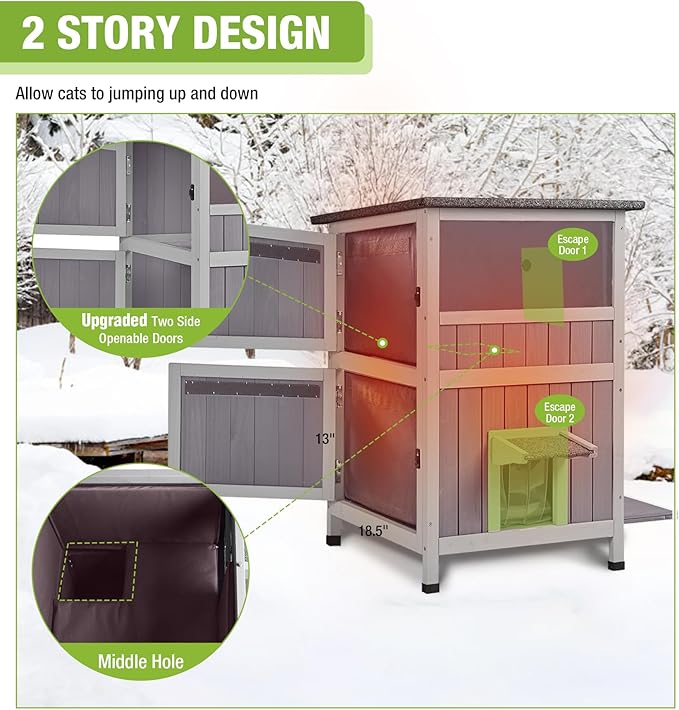 GUTINNEEN 2-Story Heated Cat House, Insulated Cat House Outdoor with Electric Heating Blanket, Waterproof Wooden Cat Shelter with Bite-Resistant Wires