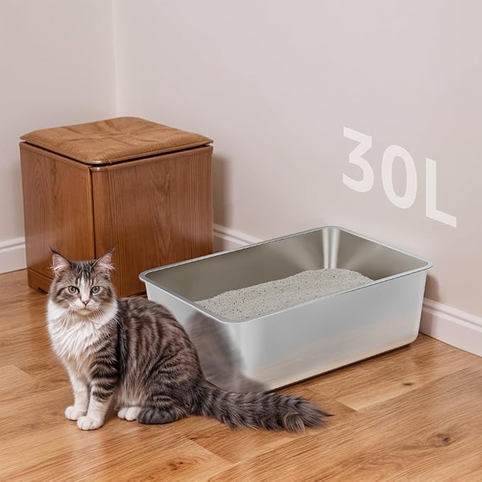Large Stainless Steel Cat Litter Box-Metal Litter Box for Cats, High Sided Metal Litters Boxes, No Smell, Non Stick, Easy Clean, Odor Proof, Indoor Outdoor