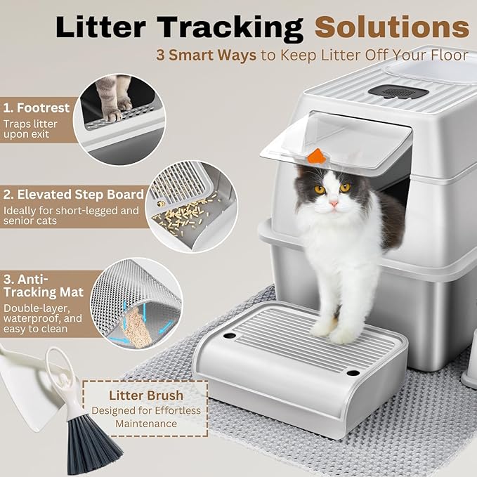 Fully Enclosed XXL Stainless Steel Litter Box with Lid, 8” Deep Pan, Large Stainless Steel Cat Litter Box for Big Cat with Scoop, Step Board, Mat, Brush, Odor-Free, Anti-Leak, Non-Stick (Light Gray)