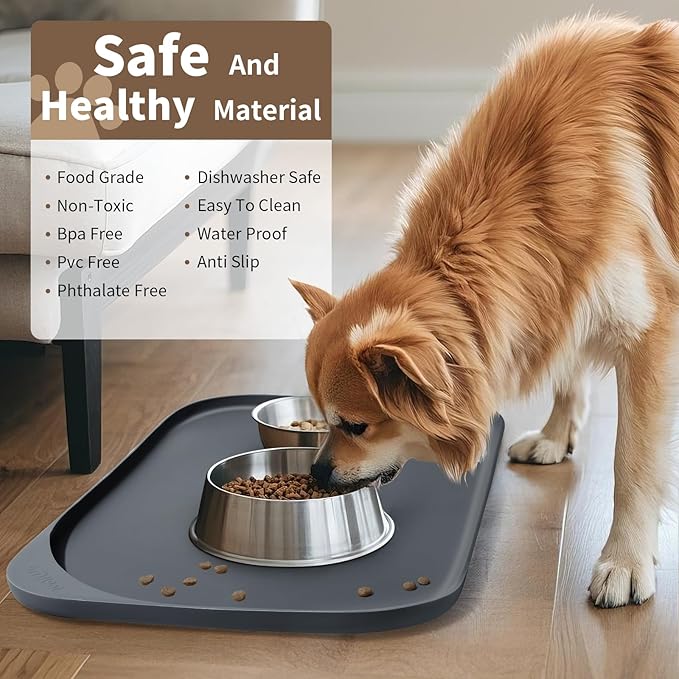 Silicone Pet Feeding Mat with Raised Edge & Residue Collection Pocket for Food and Water, Dog Bowl Mats, Cat Bowls Placemat with High Lip for Floor Waterproof, 24 x 16 x 0.8 Grey