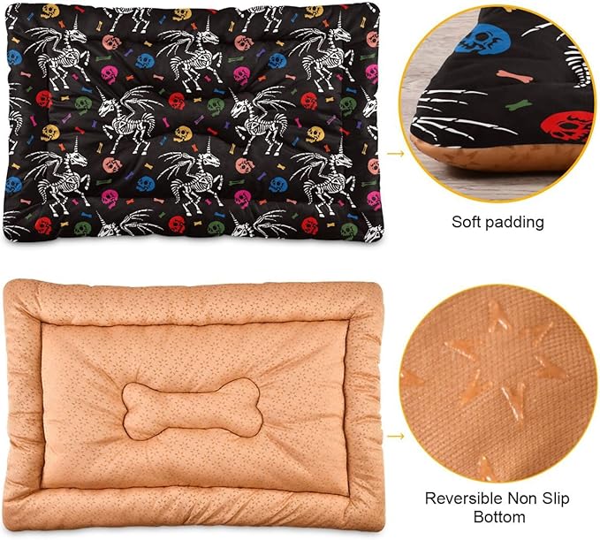 Gothic Unicorn Skeleton Skull Pet Bed Cute Dog Bed Mat Absorbing Non Slip Pad Pet Sleeping Mat for Small, Medium, and Large Dogs Puppy Cat 24 in x 18 in