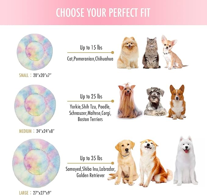Cat Beds for Indoor Cats - Anti Anxiety Round Dog Beds for Small Medium Dogs, Fluffy Plush Faux Fur Pet Bed (Rainbow, Large 24" L x 24" W)