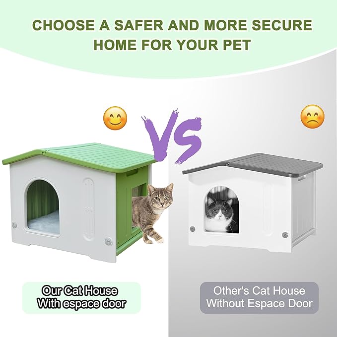 Weatherproof Cat House for Outdoor Indoor Use, Plastic Feral Cat House with Escape Door and Soft Mat, Outside Cat Shelter for Small Pet, Spacious, Assemble Easily - Green