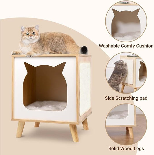 Cat House Wooden Cat Condo Cube Shaped,Modern Cat Bed Side Table & Nightstand,Cat Shelter Furniture with Cushion Cat Scratch Pad,Natural