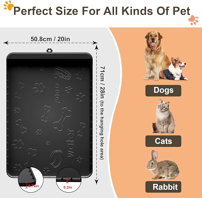 Dog Food Mat - Silicone Dog Mat for Food and Water - 28" x 20" Pet Feeding Mats with Residue Collection Pocket - Waterproof Dog Cat Bowl Mat with High Edges to Prevent Water Food Spills (Black)