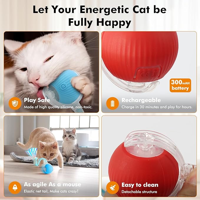 2 Packs Speed Tail 2.0 Interactive Cat Toys for Indoor Cats, Automatic Moving Cat Toy with Elastic Mesh Tail, Rechargeable Cats Ball for Enrichment Exercise