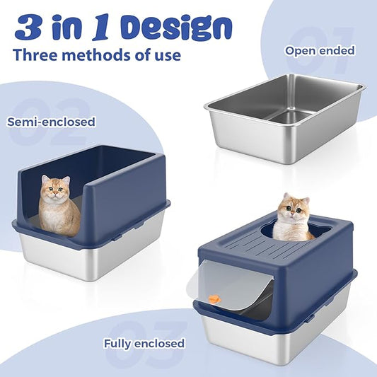 Litter Box with Lid, Stainless Steel Litter Box XL, 14" H Metal Cat Box with High Sides Wall Enclosure, Cat Pan, Non-Sticky, Easy Clean, Anti-Leakage, Blue