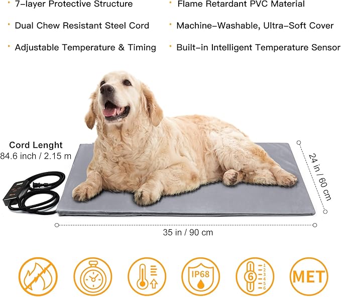 Toozey Large Pet Heating Pad, 6 Adjustable Temperature Dog Cat Heating Pad with Timer, Waterproof Heated Dog Bed with Chew Resistant Cord, Indoor Electric Pet Heated Mat 35x24in