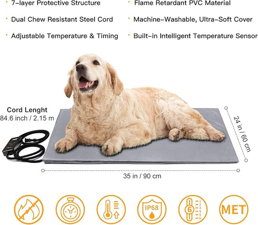 Toozey Large Pet Heating Pad, 6 Adjustable Temperature Dog Cat Heating Pad with Timer, Waterproof Heated Dog Bed with Chew Resistant Cord, Indoor Electric Pet Heated Mat 35x24in
