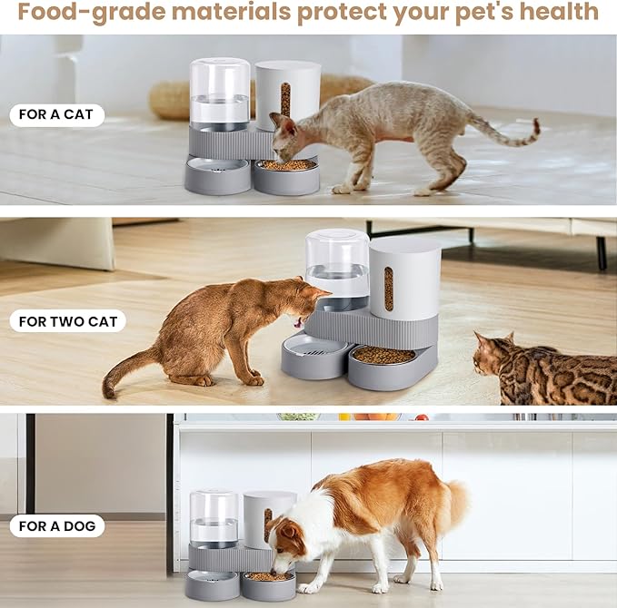 Automatic Dog Cat Water Dispenser Gravity Feeder and Water Dispenser Stainless Steel 2-in-1 Set Large Capacity Dispenser for Pets Dogs, Puppies, Kittens(Grey)
