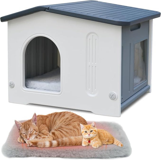 Plastic Cat House Weatherproof for Outdoor Indoor Use, Feral Cat House with Escape Door and Soft Mat, Outside Cat Shelter for Small Pet, Spacious, Assemble Easily - Grey