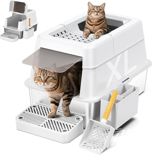 Stainless Steel Litter Box with Lid, XL Closed Metal Litter Box Modular Design with Flip Lid Fits All Cats, Extra Large Covered High Sided Cat Box, Scoop, Non-Sticky, Easy Cleaning, White