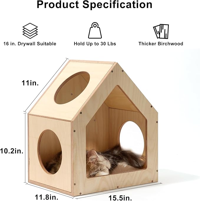 FUKUMARU Cat House Wall Mounted, 15.5x11.8x18 Inches Birch Plywood Condo, Multi-Use Kitten Furniture, Stylish Design, DIY Cats Wall Jungle