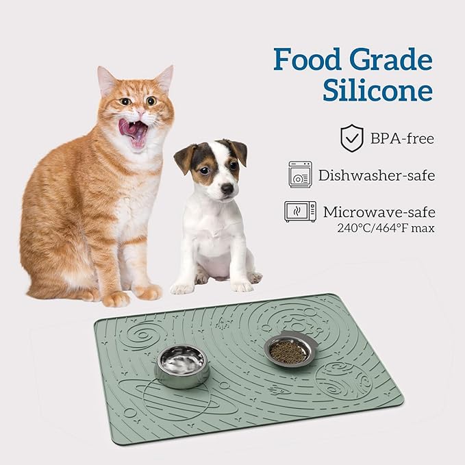 OHMO Dog Food Mat, Silicone Waterproof Cat Food Mat, Non-Skid Spill Proof Pet Feeding Mat for Food and Water, Easy to Clean Dog Placemat(Sage Green, 23.6" x 15.8")