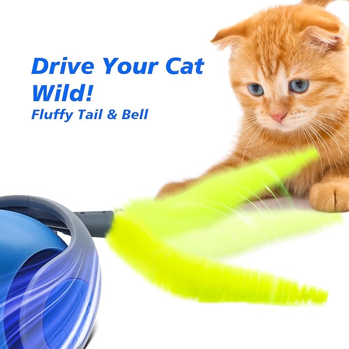 Interactive Cat Toy for Indoor Cats, Speedy Ball with Tail, Automatic Moving Cat Balls for Bored Indoor Adult Cats, 360°Automatic Rolling Ball Toy, Two Speed Adjustment(Blue)