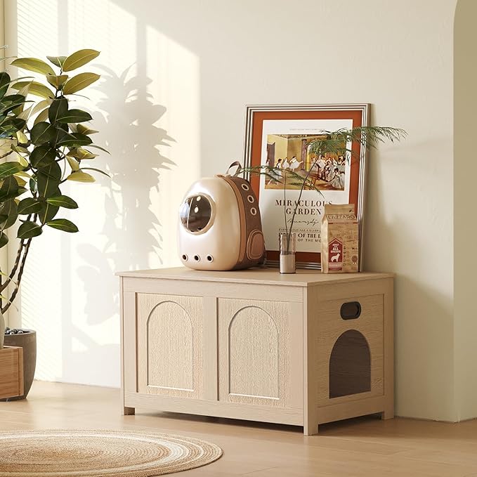 DINZI LVJ Cat Litter Box Enclosure, Flip Top Litter Box Furniture, Farmhouse Hidden Cat Washroom, Wooden Pet House, End Side Table, 31.5" L x 19.7" W x 19.7" H, Sturdy and Easy to Assemble, Natural